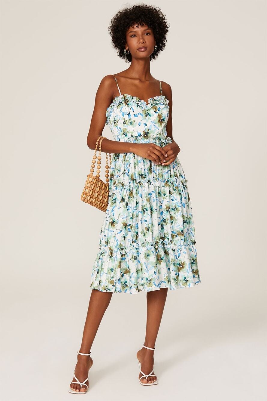 Badgley Mischka Blue Floral Ruffle Trim Sleeveless Sweetheart Midi Dress Size 12